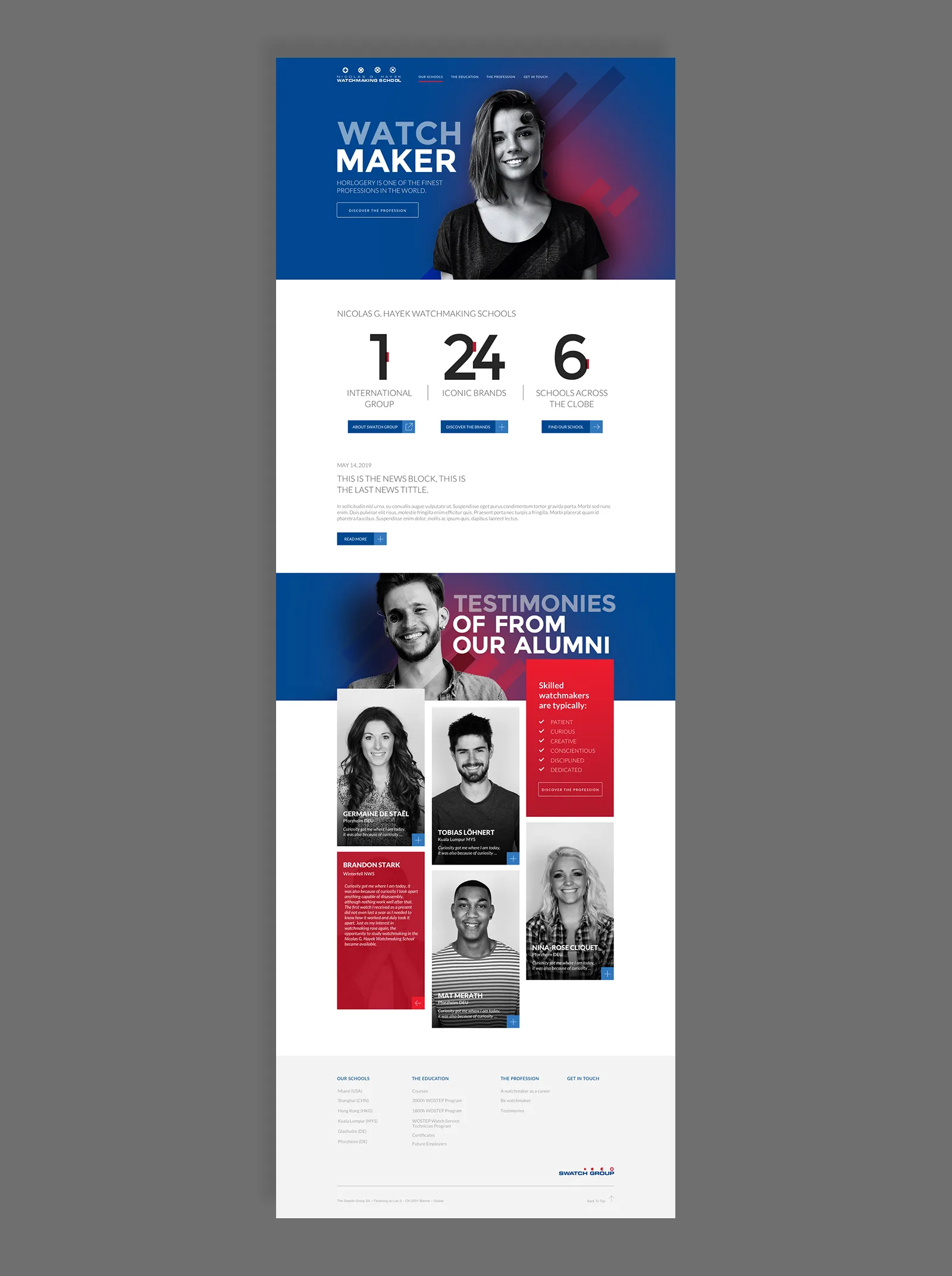 Testimonials section — alumni cards with photography and credentials